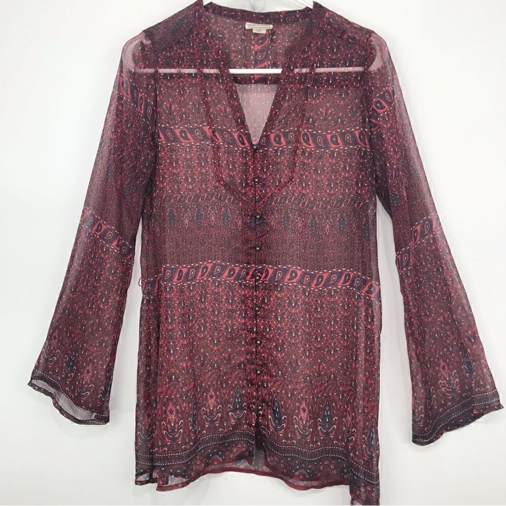 Converse One Star Burgundy Paisley Print Semi Sheer Button Up Tunic Blouse